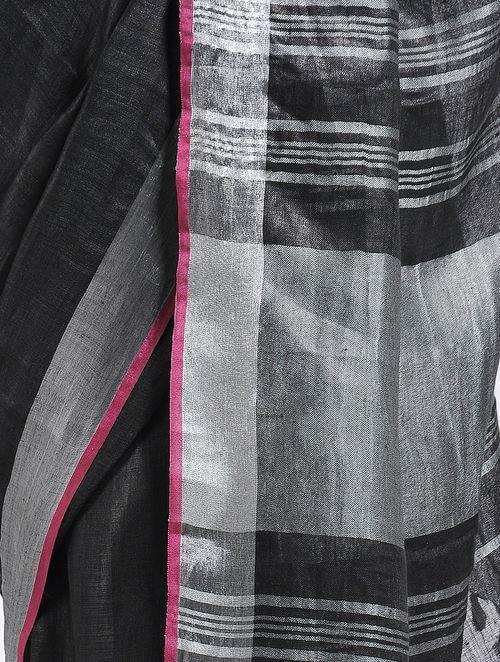 Black linen saree with pink silver border