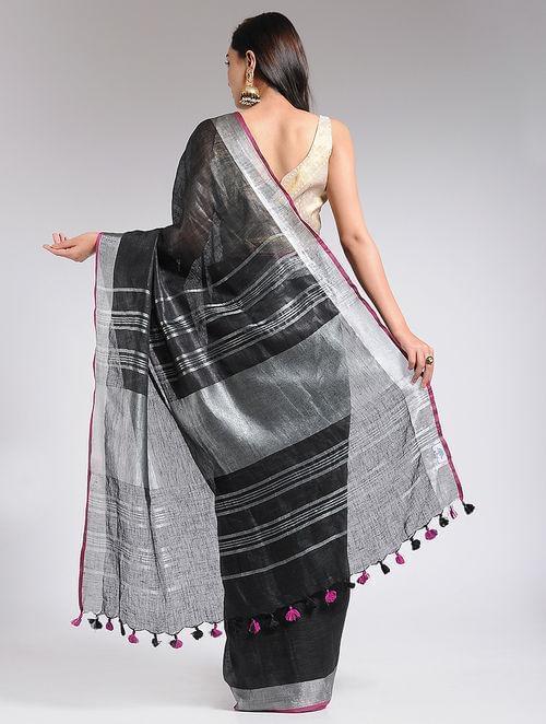 Black linen saree with pink silver border