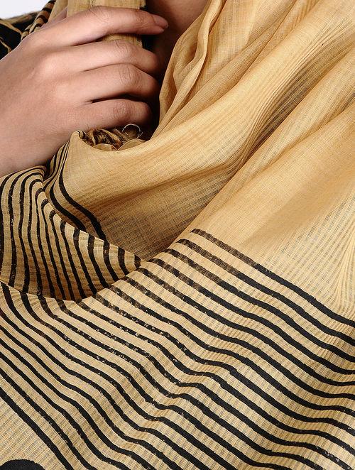High quality handloom woven maheshwari cotton silk fabric, black striped block print, equal distance, premium luxury fashion, natural, sustainable, breathable fabric. Shop online on ww.sonalkabra.com