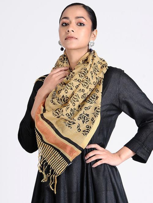 White & Black Cotton Stole | Scarf with Block printed Indian Floral & Leaf  Design