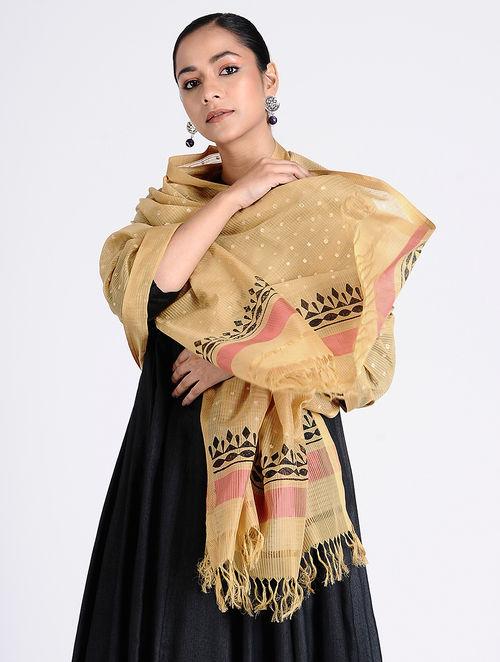 Beige stole with black and earthy red borders on two sides, jali like structure in the end with tieknotted threads, shop online for more varieties  
