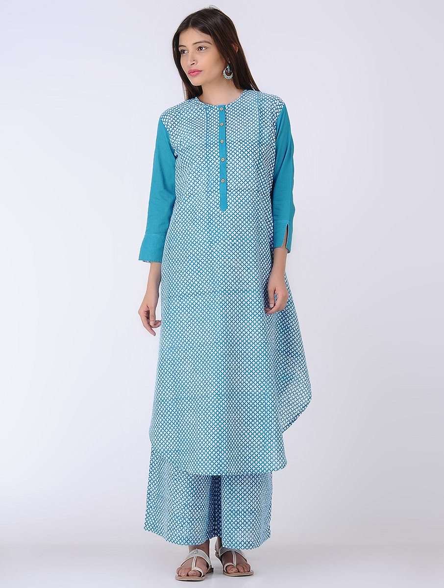 Blue high-low kurta Kurta The Neem Tree Sonal Kabra Buy Shop online premium luxury fashion clothing natural fabrics sustainable organic hand made handcrafted artisans craftsmen