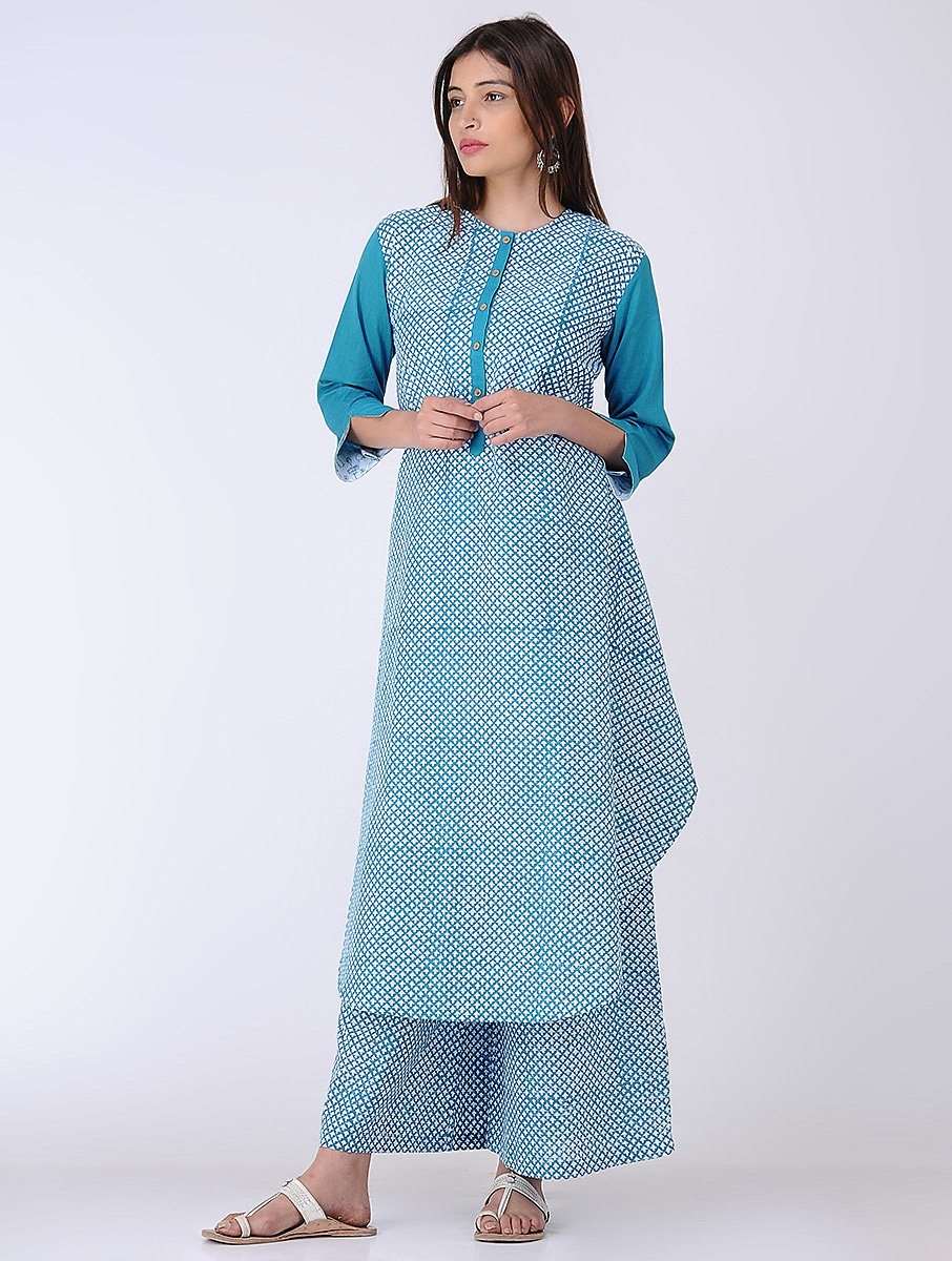 Blue high-low kurta Kurta The Neem Tree Sonal Kabra Buy Shop online premium luxury fashion clothing natural fabrics sustainable organic hand made handcrafted artisans craftsmen