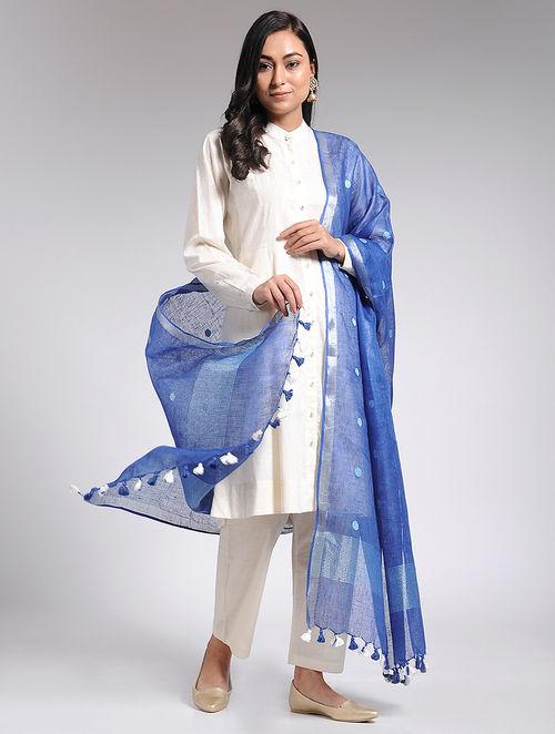 Blue handwoven linen dupatta with silver zari border, light weight, silver butties, shipping available in different counties 