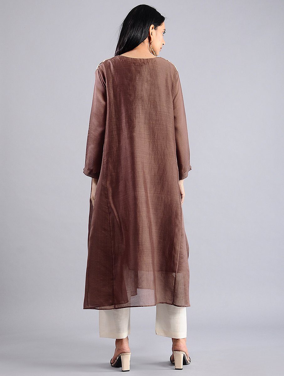 Solid brown chanderi back, kali kurta with brown inner, organic handmade fabric, craftsmen, shop online on www.sonalkabra.com