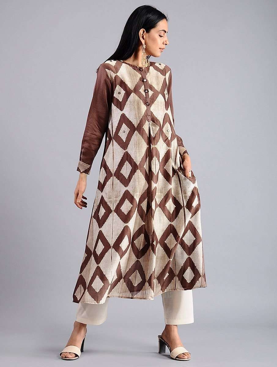 Brown white shibori in diamond shape, kali kurtaayed with positive and negative spaces in the front, solid brown sleeves