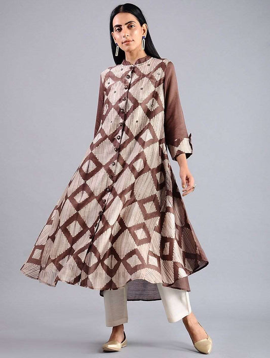 Diamond jacket dress in Brown (Set of 2) Jacket dress Sonal Kabra Sonal Kabra Buy Shop online premium luxury fashion clothing natural fabrics sustainable organic hand made handcrafted artisans craftsmen