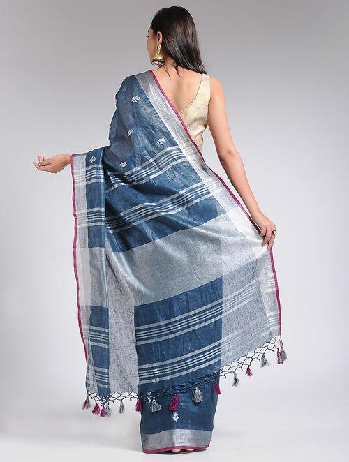 Blue silver pallu with jali and sual coloured tassels, pink and silver thin border COD available