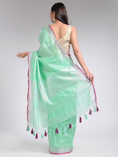 Silver mint pallu with jali and hanging tassels of pint and mint, The Newm Tree Sonal Kabra, delivered worldwide