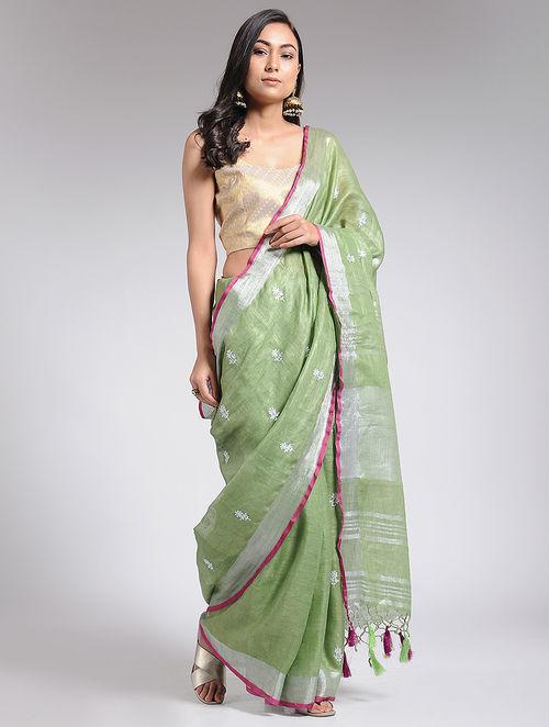 Loom made linen saree, with highlighted pink silver border, white floral butties, soft texture, preferred by women online shopping