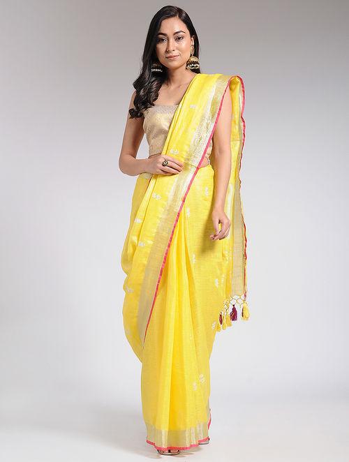 Bright yellow linen saree with silver pink border embellished with tiny flower shaped butties, attractive, eye catchy, summer spring collection ,light fabric COD available