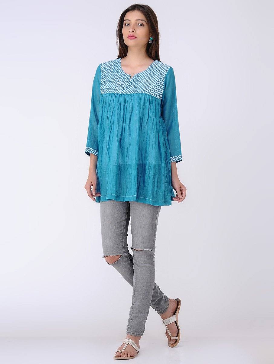 Gathered top - Blue Top The Neem Tree Sonal Kabra Buy Shop online premium luxury fashion clothing natural fabrics sustainable organic hand made handcrafted artisans craftsmen