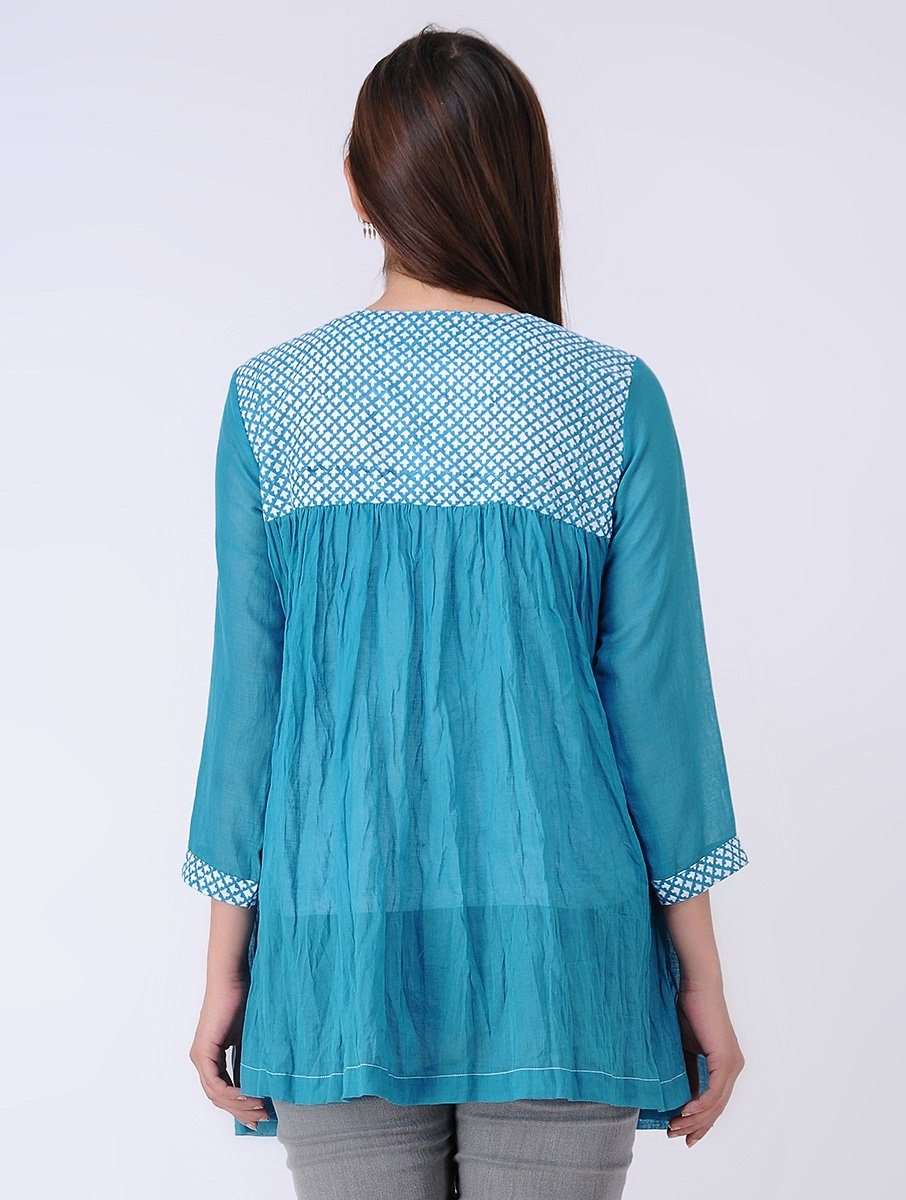 Gathered top - Blue Top The Neem Tree Sonal Kabra Buy Shop online premium luxury fashion clothing natural fabrics sustainable organic hand made handcrafted artisans craftsmen
