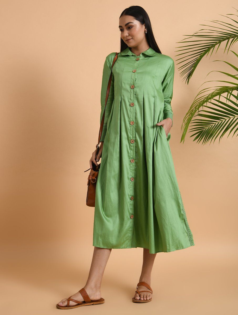 Green Box Pleat Cotton Silk Jacket Dress The Neem Tree Sonal Kabra Buy Shop online premium luxury fashion clothing natural fabrics sustainable organic hand made handcrafted artisans craftsmen