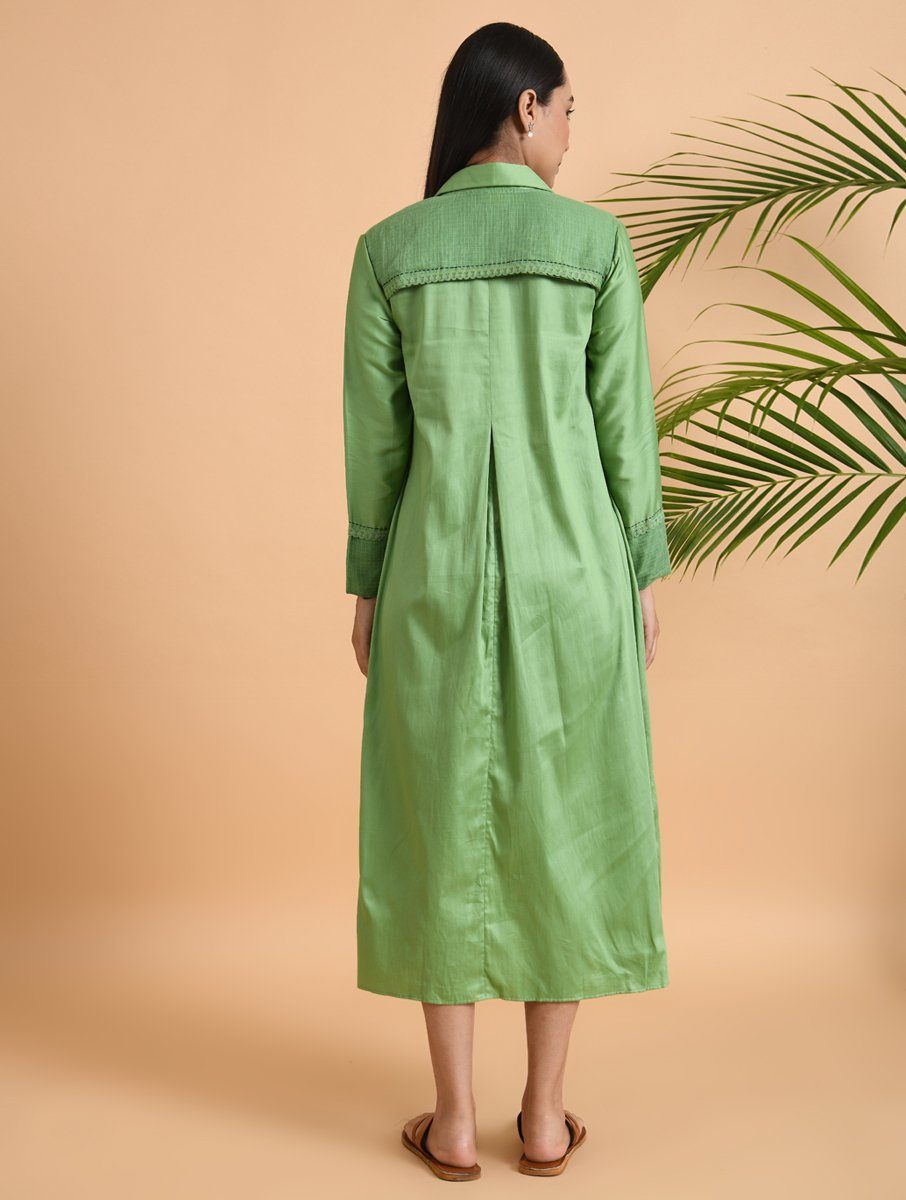 Green Box Pleat Cotton Silk Jacket Dress The Neem Tree Sonal Kabra Buy Shop online premium luxury fashion clothing natural fabrics sustainable organic hand made handcrafted artisans craftsmen
