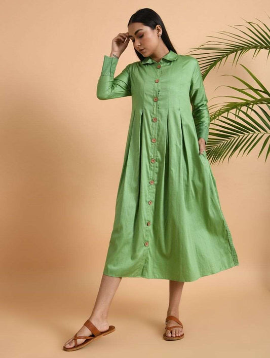 Green Box Pleat Cotton Silk Jacket Dress The Neem Tree Sonal Kabra Buy Shop online premium luxury fashion clothing natural fabrics sustainable organic hand made handcrafted artisans craftsmen