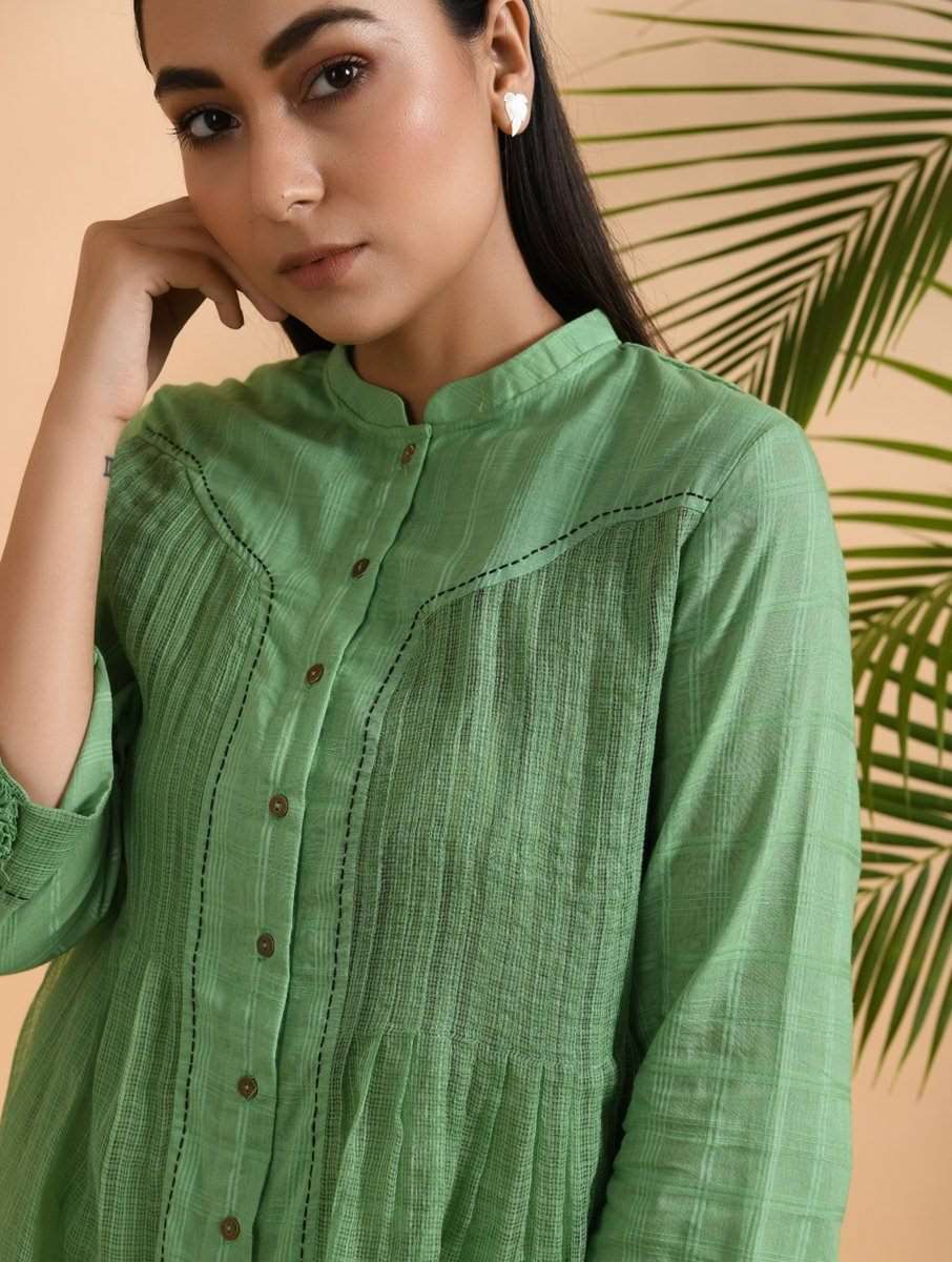 Green Cotton Dobby Shirt with Slip (Set of 2) Top The Neem Tree Sonal Kabra Buy Shop online premium luxury fashion clothing natural fabrics sustainable organic hand made handcrafted artisans craftsmen