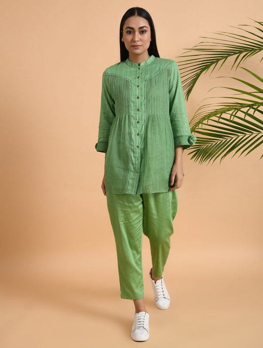 Green Cotton Dobby Shirt with Slip (Set of 2) Top The Neem Tree Sonal Kabra Buy Shop online premium luxury fashion clothing natural fabrics sustainable organic hand made handcrafted artisans craftsmen