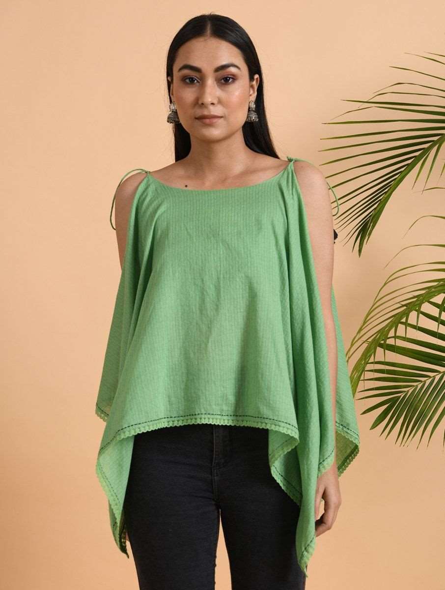 Green Cotton Dobby Top Top The Neem Tree Sonal Kabra Buy Shop online premium luxury fashion clothing natural fabrics sustainable organic hand made handcrafted artisans craftsmen