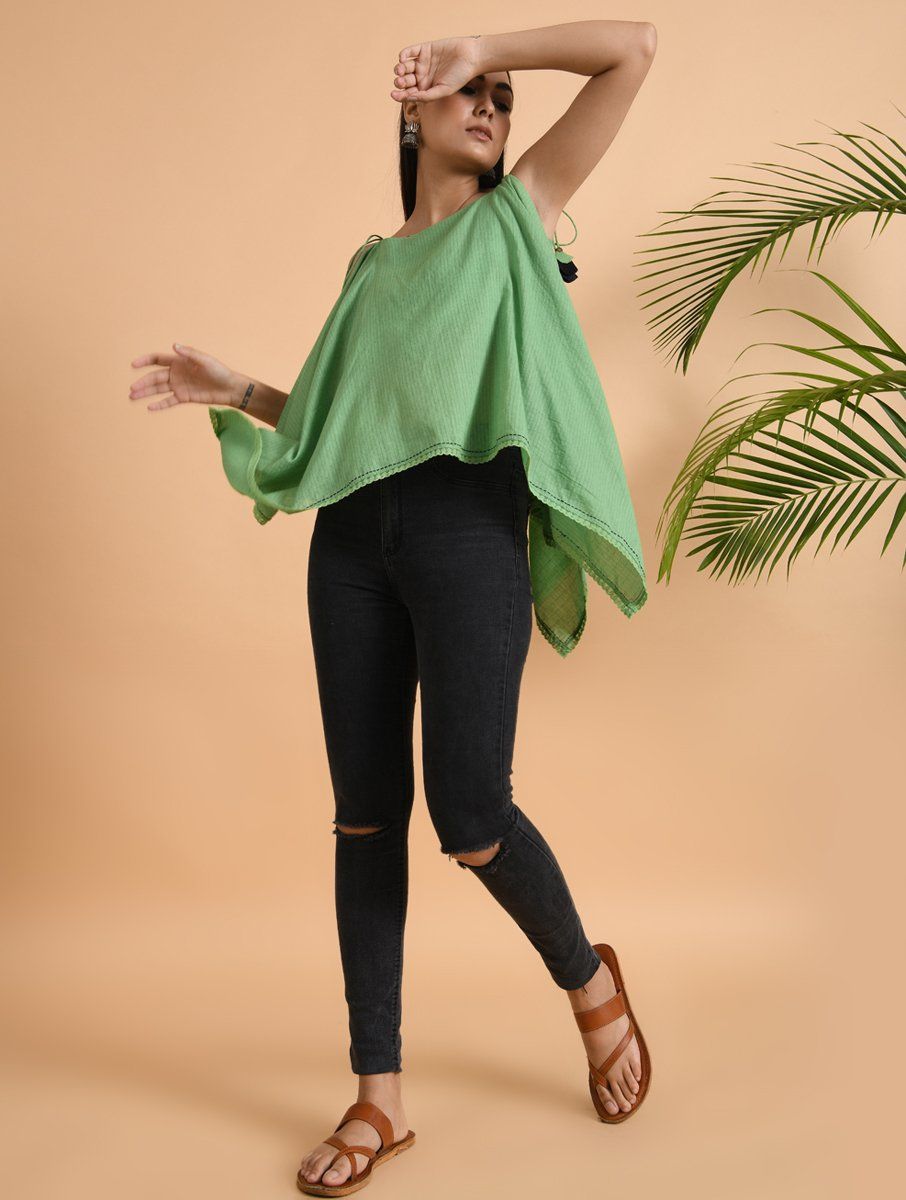 Green Cotton Dobby Top Top The Neem Tree Sonal Kabra Buy Shop online premium luxury fashion clothing natural fabrics sustainable organic hand made handcrafted artisans craftsmen