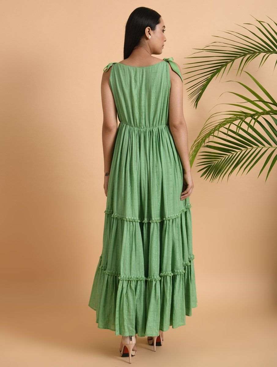 Green Cotton Maxi Dress Dress The Neem Tree Sonal Kabra Buy Shop online premium luxury fashion clothing natural fabrics sustainable organic hand made handcrafted artisans craftsmen