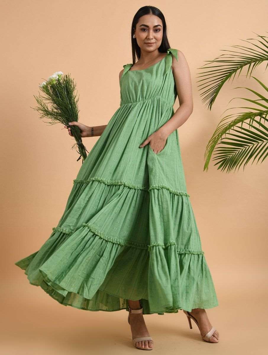 Green Cotton Maxi Dress Dress The Neem Tree Sonal Kabra Buy Shop online premium luxury fashion clothing natural fabrics sustainable organic hand made handcrafted artisans craftsmen