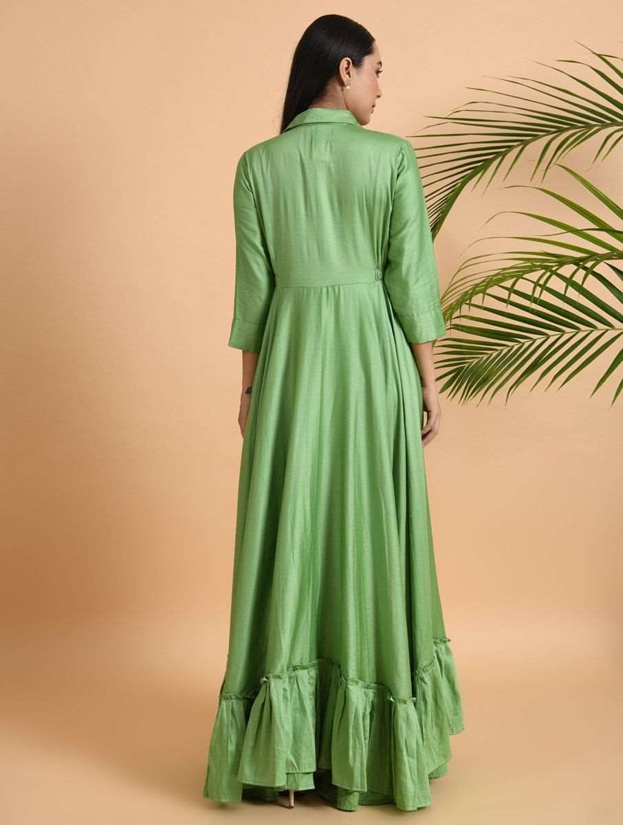Green Cotton Silk Jacket Dress Dress The Neem Tree Sonal Kabra Buy Shop online premium luxury fashion clothing natural fabrics sustainable organic hand made handcrafted artisans craftsmen