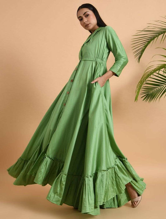 Green Cotton Silk Jacket Dress Dress The Neem Tree Sonal Kabra Buy Shop online premium luxury fashion clothing natural fabrics sustainable organic hand made handcrafted artisans craftsmen