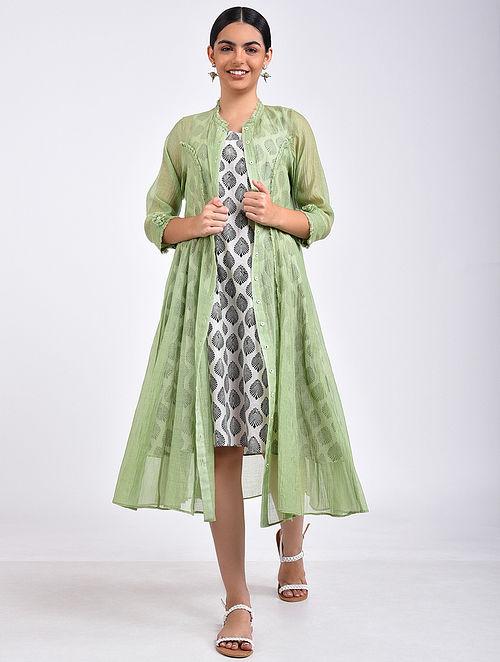 Green kali dress Jacket dress The Neem Tree Sonal Kabra Buy Shop online premium luxury fashion clothing natural fabrics sustainable organic hand made handcrafted artisans craftsmen