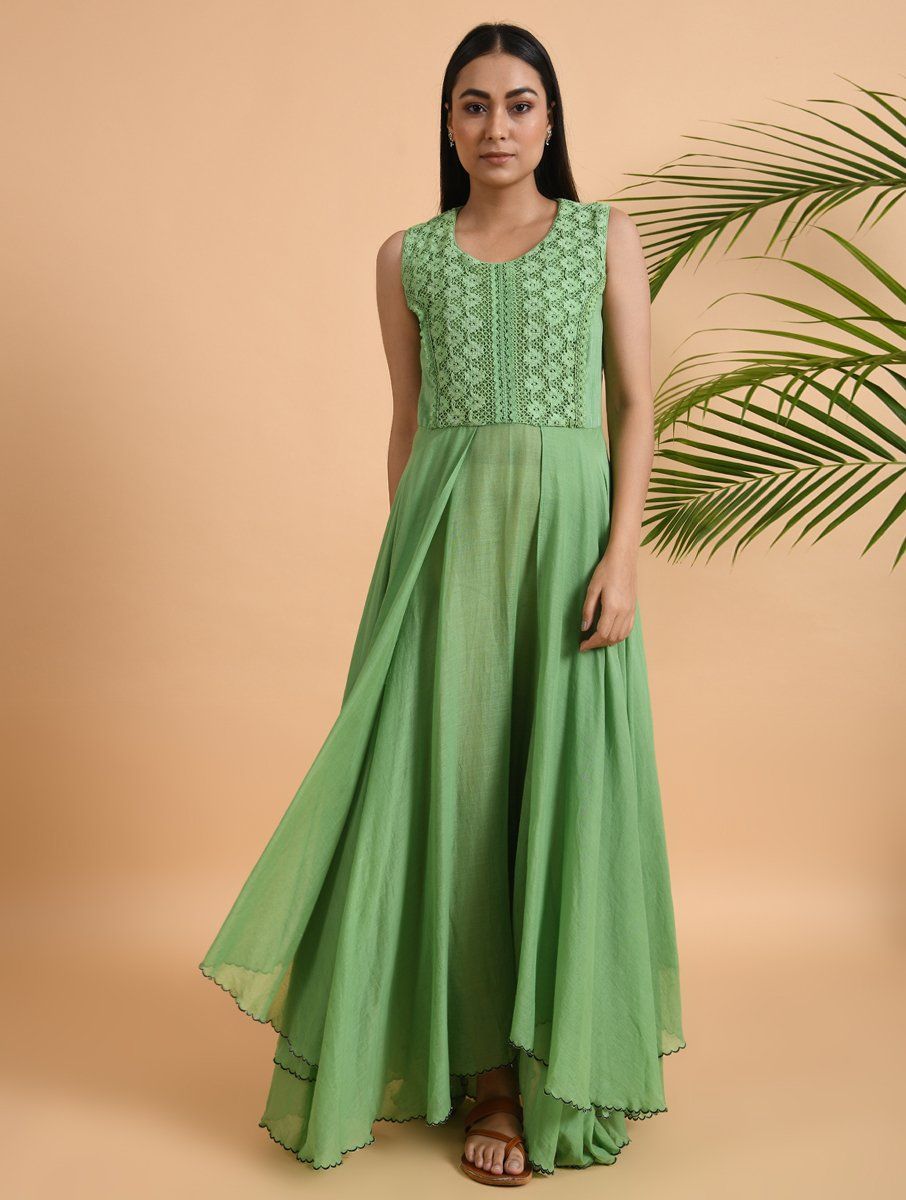 Green Lace Trimmed Double layered Dress Dress The Neem Tree Sonal Kabra Buy Shop online premium luxury fashion clothing natural fabrics sustainable organic hand made handcrafted artisans craftsmen