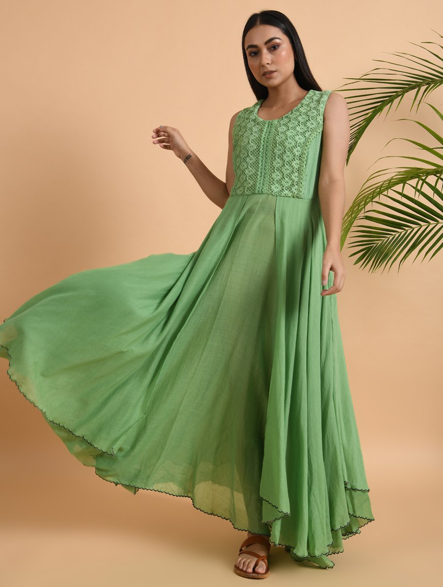Green Lace Trimmed Double layered Dress Dress The Neem Tree Sonal Kabra Buy Shop online premium luxury fashion clothing natural fabrics sustainable organic hand made handcrafted artisans craftsmen