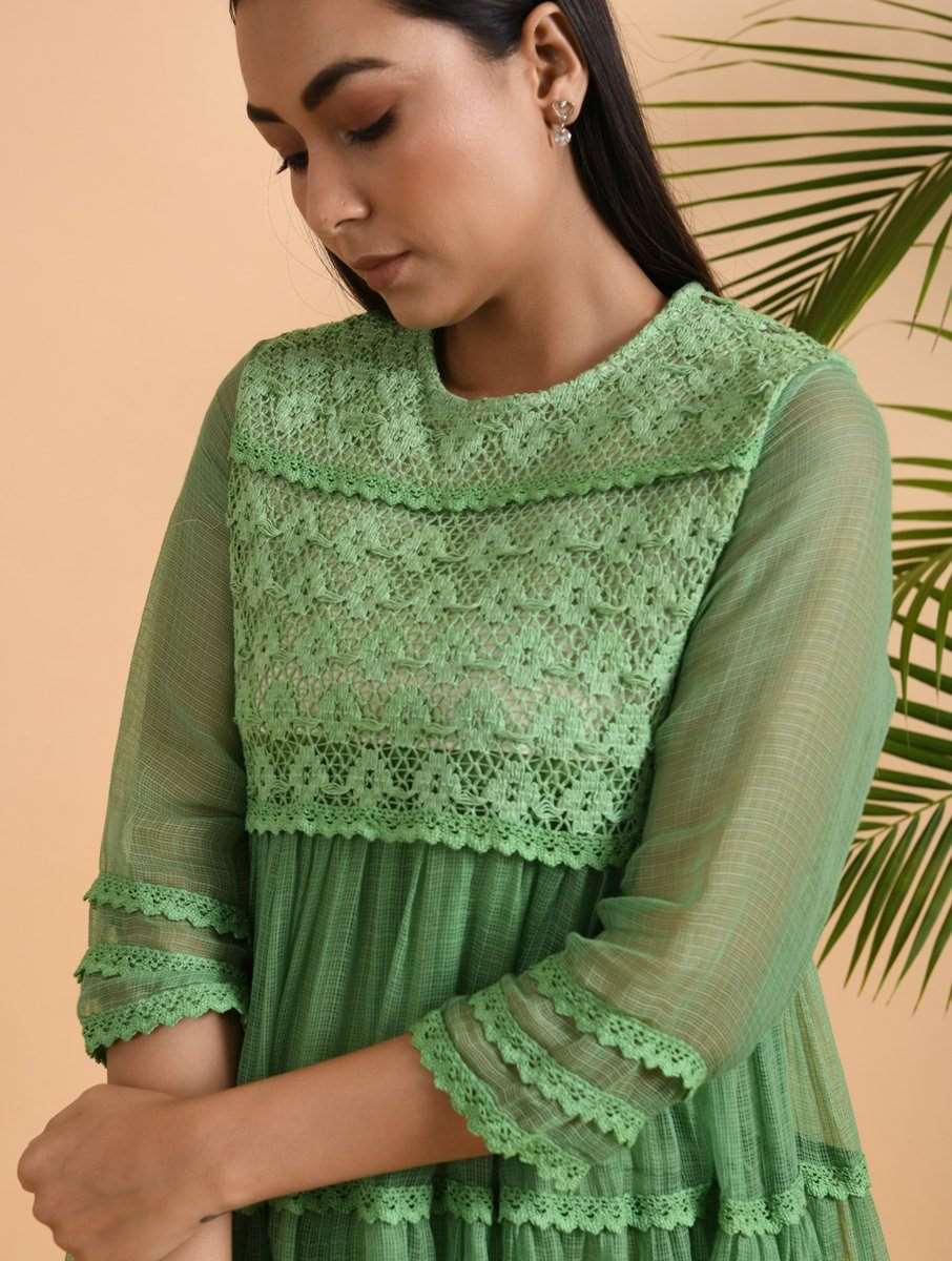 Green Lace Trimmed Kota Dress Dress The Neem Tree Sonal Kabra Buy Shop online premium luxury fashion clothing natural fabrics sustainable organic hand made handcrafted artisans craftsmen