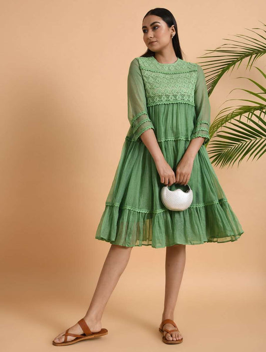 Green Lace Trimmed Kota Dress Dress The Neem Tree Sonal Kabra Buy Shop online premium luxury fashion clothing natural fabrics sustainable organic hand made handcrafted artisans craftsmen