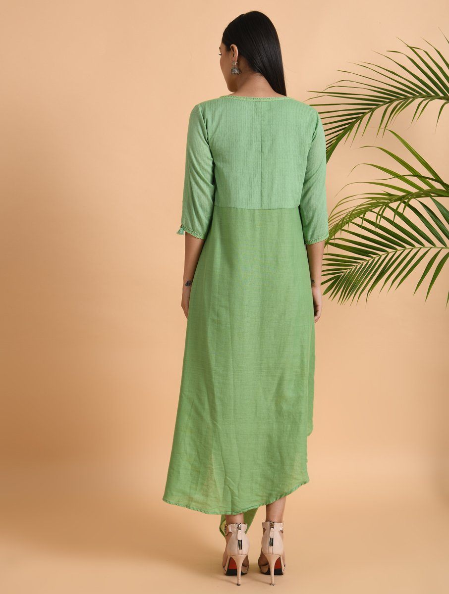 Green overlap drape dress Dress The Neem Tree Sonal Kabra Buy Shop online premium luxury fashion clothing natural fabrics sustainable organic hand made handcrafted artisans craftsmen