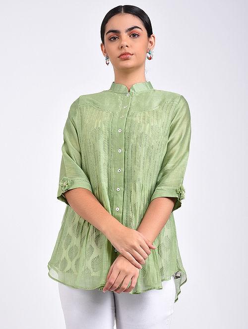 Green pin tuck shirt Top The Neem Tree Sonal Kabra Buy Shop online premium luxury fashion clothing natural fabrics sustainable organic hand made handcrafted artisans craftsmen