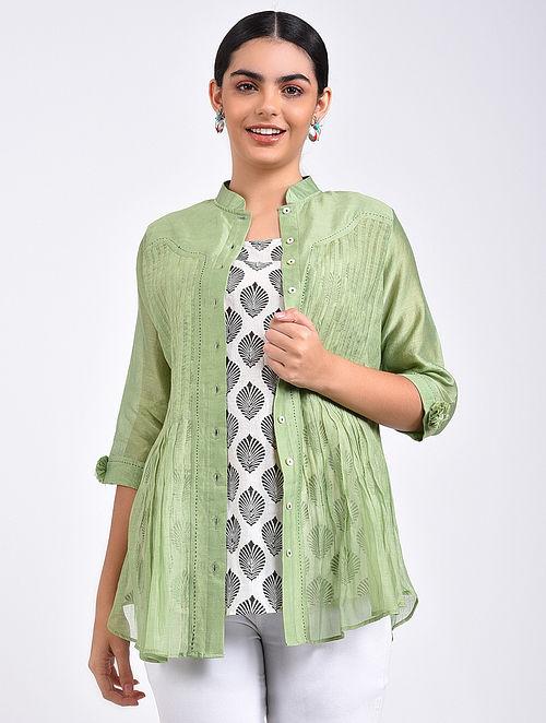 Green pin tuck shirt Top The Neem Tree Sonal Kabra Buy Shop online premium luxury fashion clothing natural fabrics sustainable organic hand made handcrafted artisans craftsmen