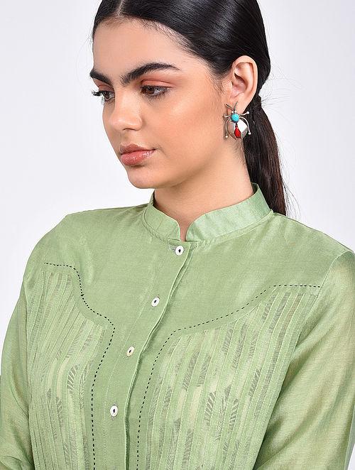 Green pin tuck shirt Top The Neem Tree Sonal Kabra Buy Shop online premium luxury fashion clothing natural fabrics sustainable organic hand made handcrafted artisans craftsmen