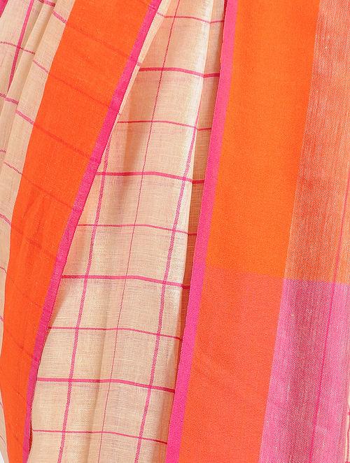 Cotton linen natural fabric, combination of pink checks on ivory, bold orange border, matt finish, handloom made saree a must gift for women