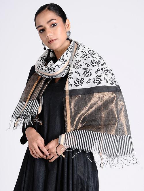 Monochrome cotton silk fabric, with handloom woven zari border, all over print, vertical black and white strips, for all age groups 