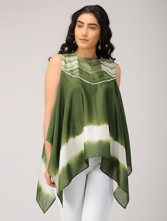 Olive waterfall top Top Sonal Kabra Sonal Kabra Buy Shop online premium luxury fashion clothing natural fabrics sustainable organic hand made handcrafted artisans craftsmen