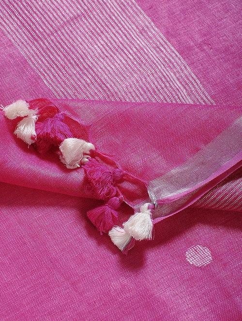 Elegant hand made pink linen fabric dupatta with pink white tassels, silver zari border, soft texture