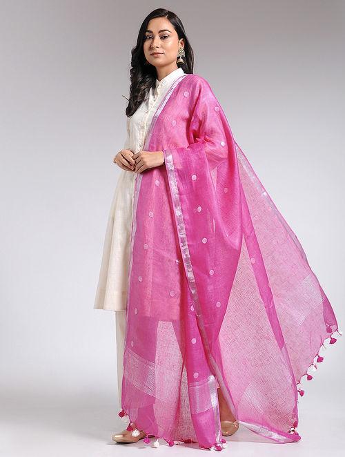 Pink linen dupatta with silver zari butties and border, breezy, cash on delivery available in India