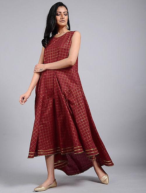 Red gold flared dress Dress The Neem Tree Sonal Kabra Buy Shop online premium luxury fashion clothing natural fabrics sustainable organic hand made handcrafted artisans craftsmen