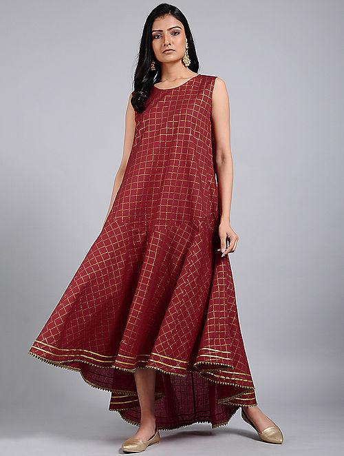 Red gold flared dress Dress The Neem Tree Sonal Kabra Buy Shop online premium luxury fashion clothing natural fabrics sustainable organic hand made handcrafted artisans craftsmen