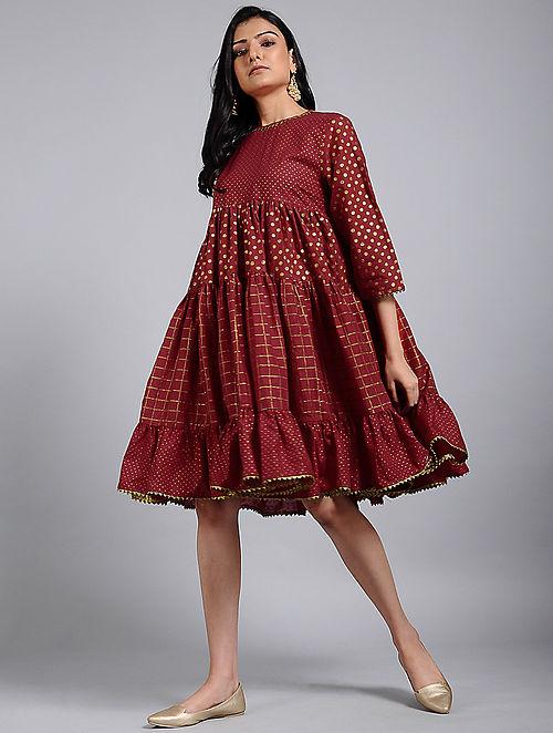 Red gold gather dress Dress The Neem Tree Sonal Kabra Buy Shop online premium luxury fashion clothing natural fabrics sustainable organic hand made handcrafted artisans craftsmen