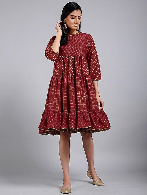 Red gold gather dress Dress The Neem Tree Sonal Kabra Buy Shop online premium luxury fashion clothing natural fabrics sustainable organic hand made handcrafted artisans craftsmen
