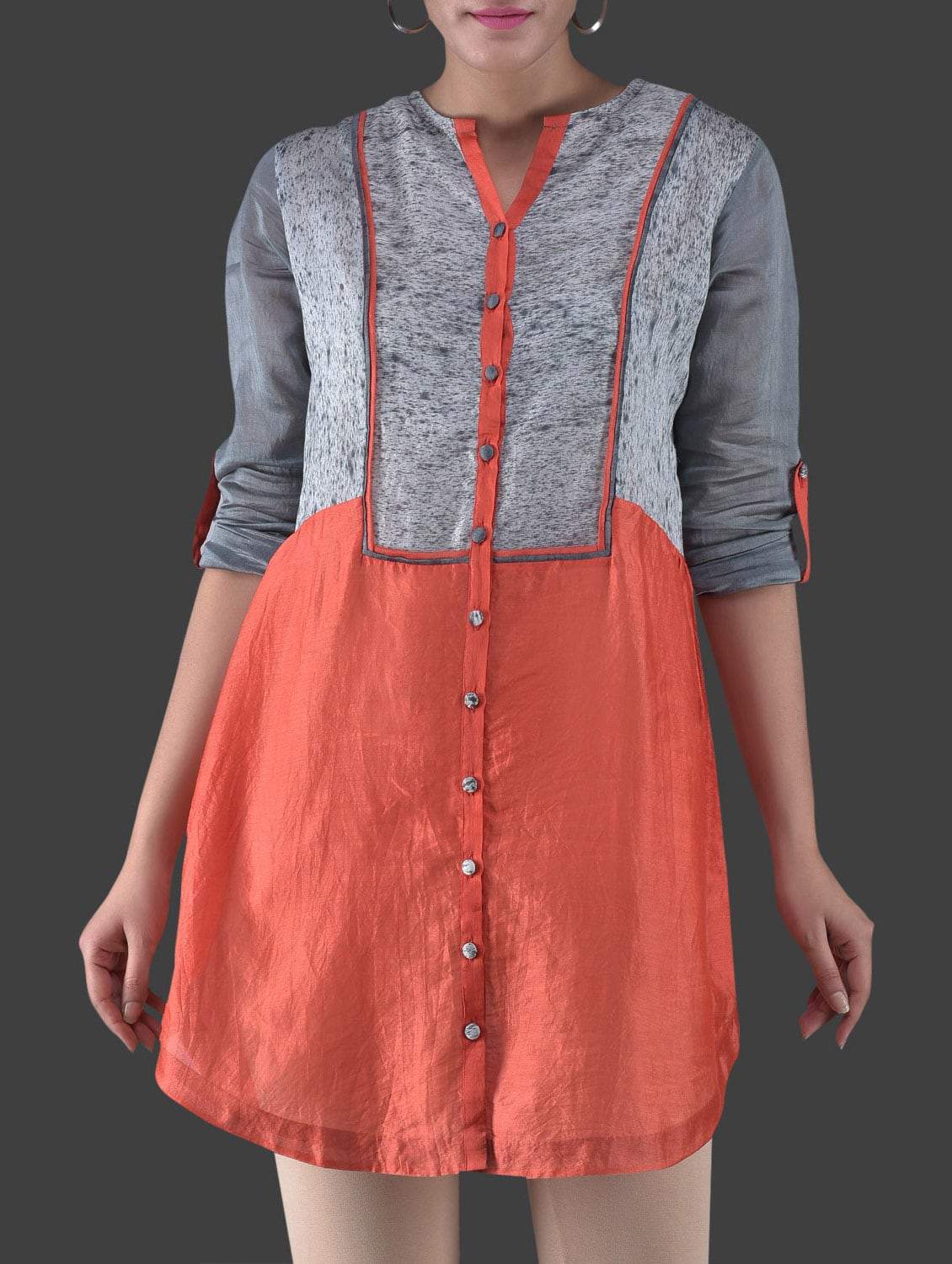 Red grey shibori top Dress Sonal Kabra Sonal Kabra Buy Shop online premium luxury fashion clothing natural fabrics sustainable organic hand made handcrafted artisans craftsmen