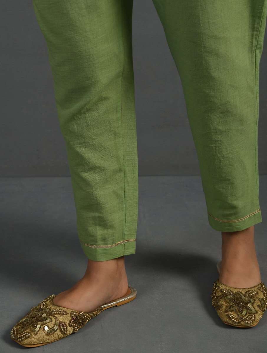 (Set of 3) Green Block Printed Handwoven Chanderi Kurta with Mul Slip & Pants Kurta The Neem Tree Sonal Kabra Buy Shop online premium luxury fashion clothing natural fabrics sustainable organic hand made handcrafted artisans craftsmen