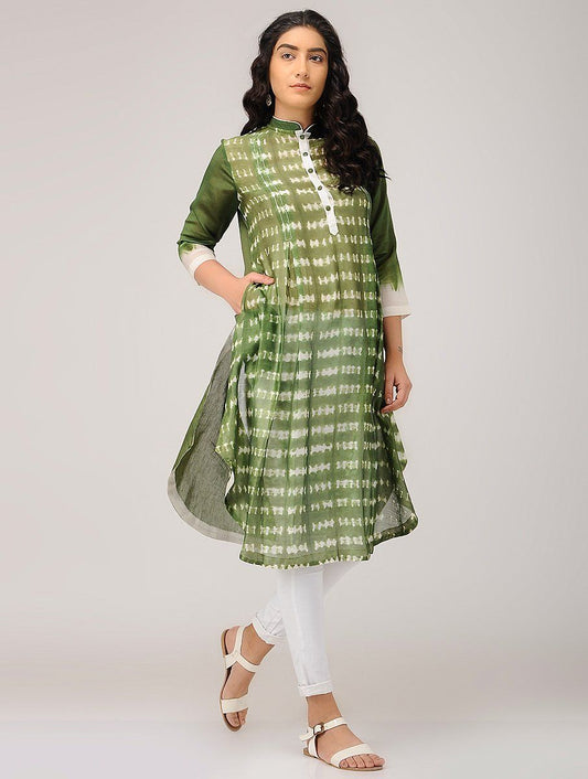 Shibori kurta-Olive Kurta Sonal Kabra Sonal Kabra Buy Shop online premium luxury fashion clothing natural fabrics sustainable organic hand made handcrafted artisans craftsmen