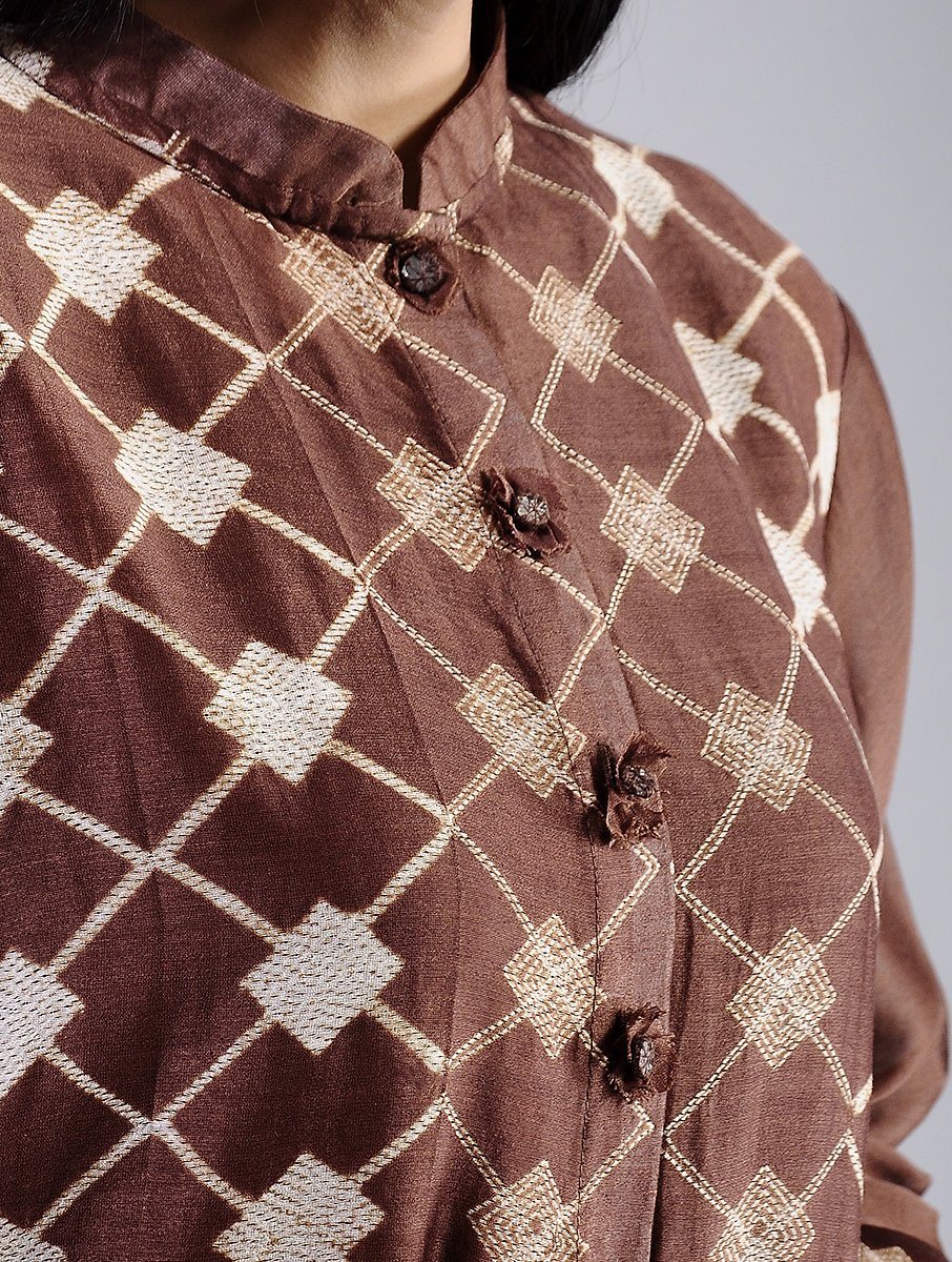 Star shibori jacket dress in Brown (Set of 2) Jacket dress Sonal Kabra Sonal Kabra Buy Shop online premium luxury fashion clothing natural fabrics sustainable organic hand made handcrafted artisans craftsmen